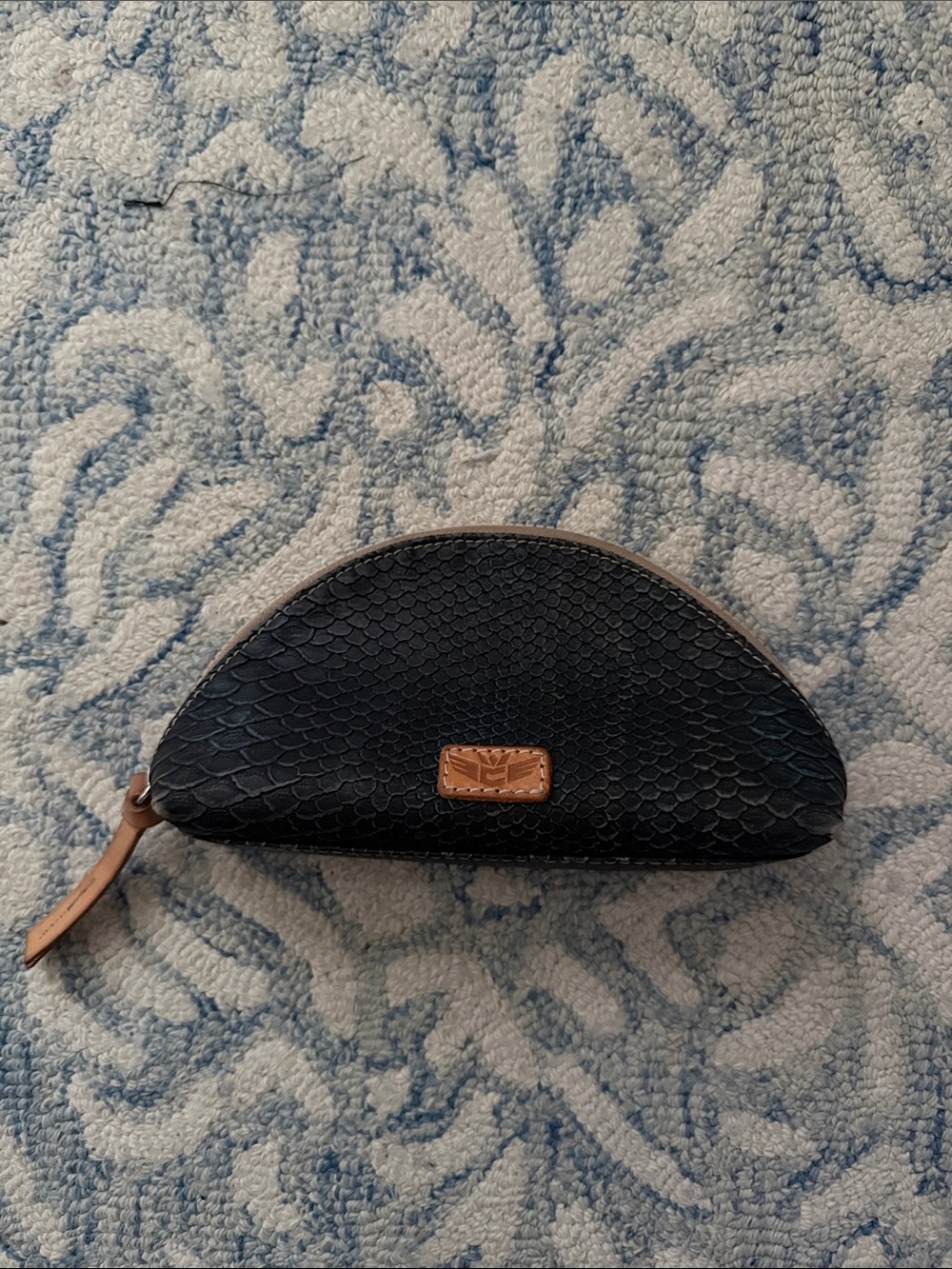 Consuela Black Textured Semi-Circle Cosmetic Pouch with Tan Trim and Logo